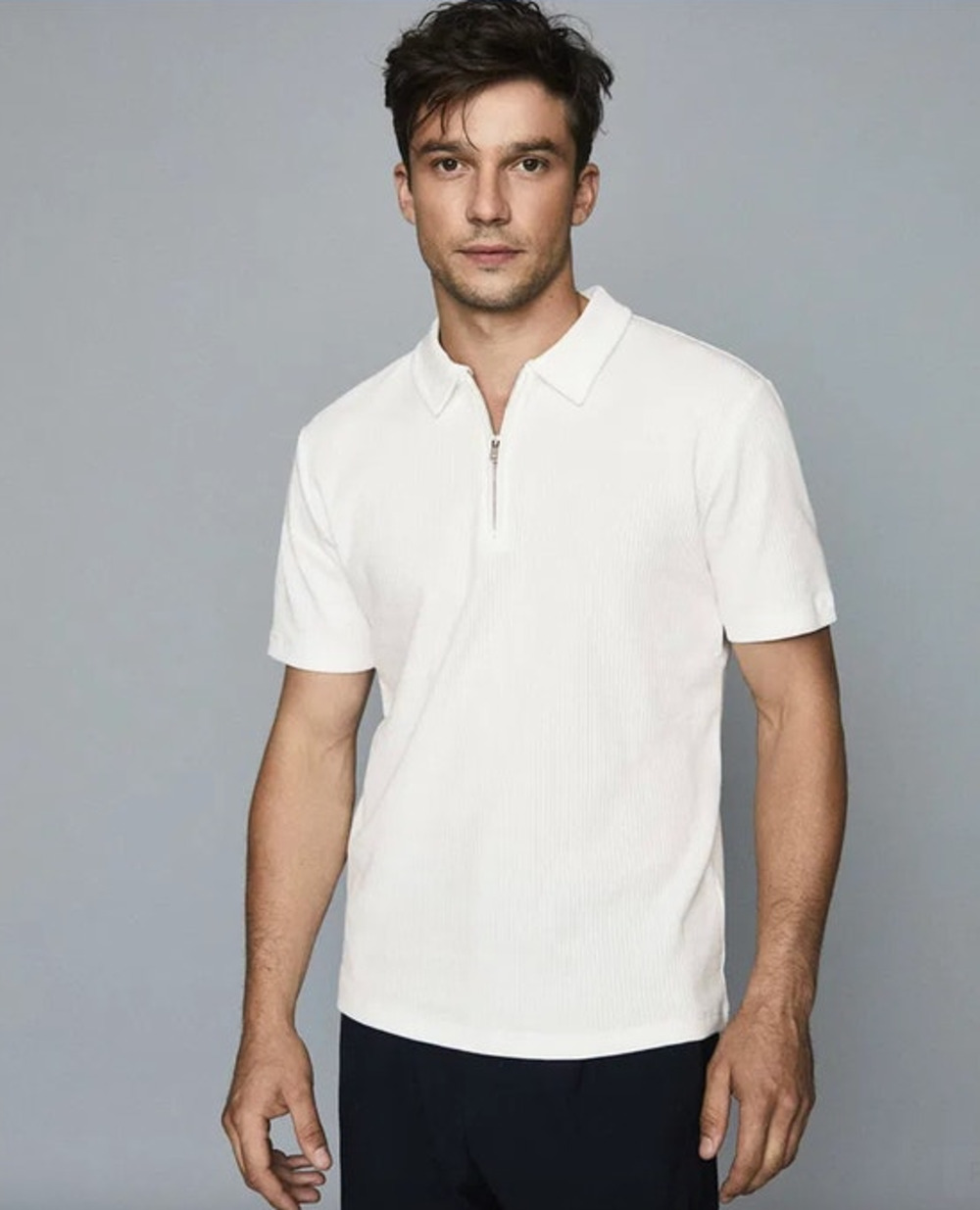 REISS Barton Cotton Zip Neck Polo Size L NEW White Half Zip Neck Shirt $125